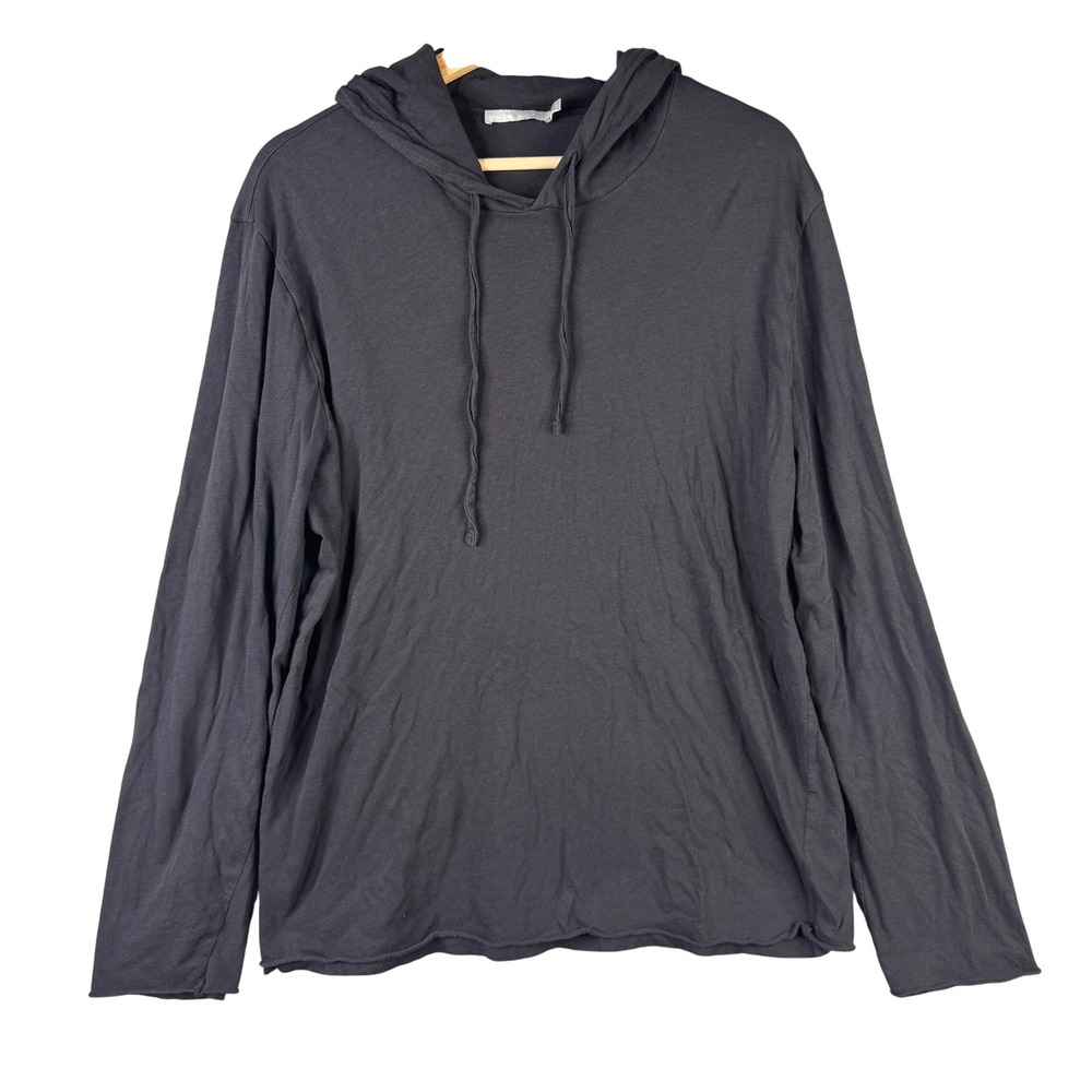 Vince Mens Pima Cotton Slub Long Sleeve Hoodie Black Raw Hem M4793-9600 Size L